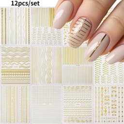 12Sheets Gold Metal Stripe Wave Nail Decals 3D Bronzing French Line/C Curve Stripe Nail Stickers 8*10cm Gold Line Nail Art Suppl