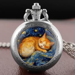 Sleep Cat Watch Black Quartz Pocket Watch Van Gogh's Art Vintage Accessory Women Necklace Pendant Clock Men Gifts for Cat Lover