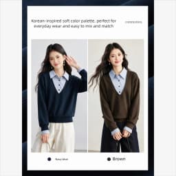 VIMLY Fake Two-piece Striped Collar Sweatshirt for Women 2026 Autumn Coffee Color Commute Casual Loose-fit Female Pullover A7577