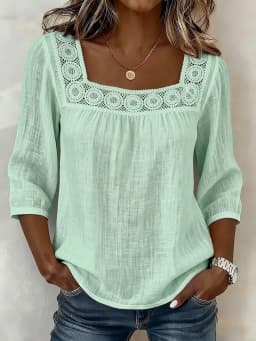 Women's 2026 Summer Square Neck Lace Trim Top – 3/4 Sleeve Cotton Linen Blouse, Solid Color Casual Chic Shirt