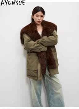 AYUNSUE 90% White Goose Down Coat Womens Winter Clothes Oversized Fox Fur Collar Mid Length Parka Female Loose Fit Clothing 2026