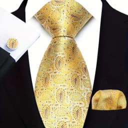3Pcs Men's Yellow Color Stripes Plaid Solid Ties Pocket Square Cufflinks Wedding Prom Accessories 8cm Cravat Gift for Men