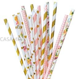 Paper Straws Garden Flower Foil Gold Disposable Drinking for Birthday Wedding Deco Christmas Party Restaurant Event Supplies
