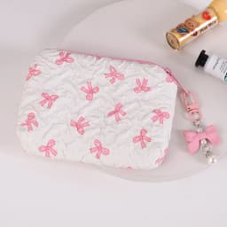 Quilted Bow Makeup Bag, Portable Travel Pouch for Lipstick, Earphones, and Small Items, Exquisite Handheld Clutch