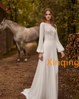Customized Elegant White Chiffon Wedding Dress with O-Neck Long Sleeves Sexy Court Train Backless Special Occasion Gowns