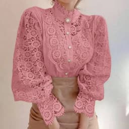 New Women's Long Sleeve High Neck Chic Blouse, Lace Paneled Hollow Sleeve Elegant Top, Vintage Fashion Office Lady Outfits