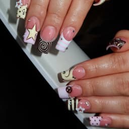 24pcs Y2K Sweet Stars Press On Nails Blue Brown Stripes French Style False Nails Wave Point Designs Autumn Vintage Fake Nail
