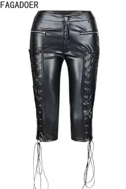 FAGADOER Spring New Sexy Leather Patchwork Bodycon Pants for Woman Solid Color Zipper Bandage Pants Female Streetwear Bottoms