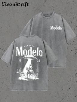 Retro Modelo 1925 Cerveza T Shirt Men Washed Cotton Oversized UFO Cowboy Graphic Tee Casual Streetwear Summer Short Sleeve