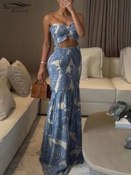 Bonnie Forest Women's Tropical Palm Print Drawstring Pleated Long Dress Summer Holiday Outfits Girls Cut-Out Ruffles Beach Dress
