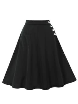Tonval One Pocket Front Buttons Side Swing Skirt 2025 Vintage Clothes for Women Green Elegant Plain Skirts