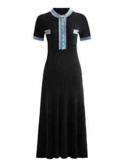 STYLISH LADY Denim Patchwork Knitted Dress 2025 Autumn Women Short Sleeve O Neck Button Bodycon Elegant OL Party Maxi Dresses