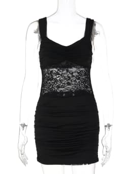 Hugcitar Women'S Fashion Square Collar Solid Straps Patchwork Lace Ruched Sexy Mini Dress Summer Outfit Party Night Club