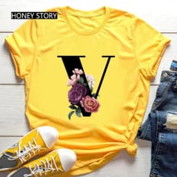 Large Size Yellow T-shirt for Men And Women with Black Fashion Trend Print of Flowers 26 English Letters Casual Short Sleeve Top
