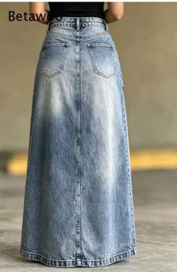 Ladies Vintage Washed Denim Long Skirt Irregular Overlap Design High Split Maxi Skirt High Waist Fashion Casual