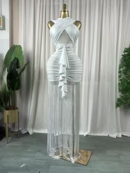 CM.YAYA Women Wraped Halter Neck Tassel Patchwork Stacked Midi Bodycon Maxi 2026 Spring Summer Holiday Party Trendy Long Dresses