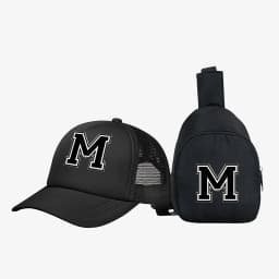 2pcs Kids' 26 letter printed pattern truck hat+chest bag set, stylish casual sunhat, portable storage purse, suitable for daily