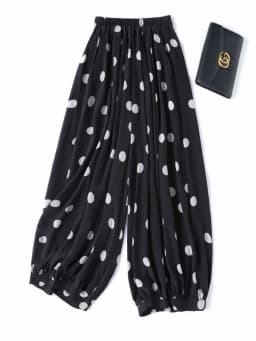 Modern Large Polka Dot 100% Natural Mulberry Silk Crepe De Chine Elastic Waist Women's Fashionable Cropped Lantern Pants