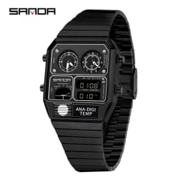 SANDA Electronic Watch Men Square Steel Band Digital Wristwatch Temperature Measurement Stopwatch Timing Multifunctional Watch