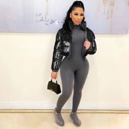 ANJAMANOR Silver Glossy Puffer Jacket Zip Up Shiny Bubble Coat Streetwear Women Clothing Winter Baddie Clothes D48-FH59