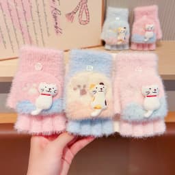 4-7Y Girls Winter 2 in 1 Convertible Flip Gloves Cute 3D Cat Decor Knitted Plush Gloves Kids Paw Print Windproof Thermal Mittens