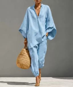 Women’s Summer Casual, Loose-Fitting, Solid-Colored, Deep V-Neck, Batwing Sleeves, Ankle-Cuffed, Nine-Inch Pants, Leisure Outfit