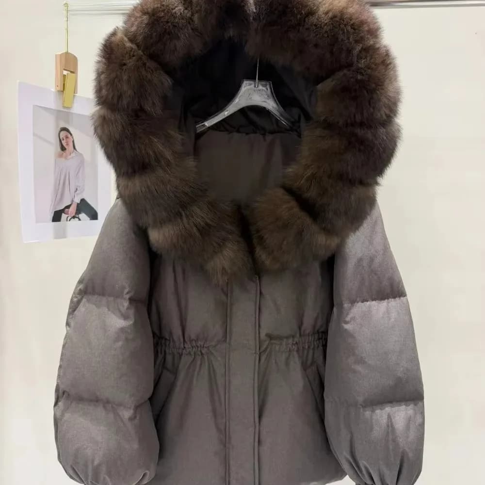 OFTBUY 90% White Duck Down Real Fox Fur Puffer Coat Drawstring Waist Winter Outerwear For Cold Weather Women Short Down Parka
