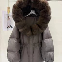 OFTBUY 90% White Duck Down Real Fox Fur Puffer Coat Drawstring Waist Winter Outerwear For Cold Weather Women Short Down Parka
