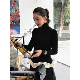 Vintage Black Turtleneck Sweater Women Ruffles Patchwork Knitted Pullovers Korean Elegant Knitwears Autumn Winter Design Jumpers