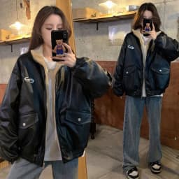Reversible Brown Women Pu Jacket Sherpa Lined Coat Zip Up Fleece Oversized Retro Moto Streetwear Y2K Winter Outerwear Top