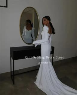 Qanz White Sheath Wedding Dresses Sweetheart Satin Long Sleeves Vestidos De Novia Boda Mermaid Corset Bridal Gowns Customized