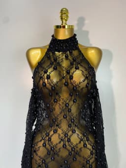 Women Luxury Black Pearls Lace Backless See Through Long Dress With Gloves Evening Club Party Celebrity Elegant Stage Costume