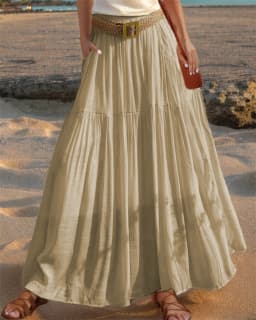 2026 Belted Hem A-line Solid Color Elastic Waist Skirt Women's Summer New Beach Vacation Commuting Camping All-match Long Skirt