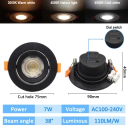 10pcs CCT Spot Downlight Recessed LED Ceiling Light 3 Color Adjusted AC100-240V Dial Swich 3000K/4000K/6500K Indoor Lighting