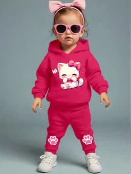 Cute Cartoon Cat Pattern Long Sleeve Fleece Romper + Casual Sports Pants Set for Baby Girls Spring Autumn Gift