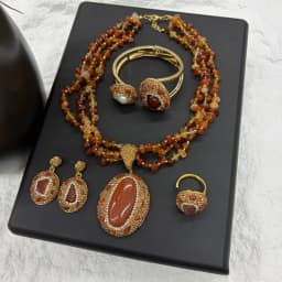 Vintage 4pcs Necklace Earring Ring Bracelet Crystal Stone Jewelry Sets for Women Natural Amethyst Tigers Eye Statement Jewelrys