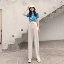 Women Long Pants Spring Summer Straight Long Elastic Waist Wide Leg women long trousers Casual Soft Knitted Pants