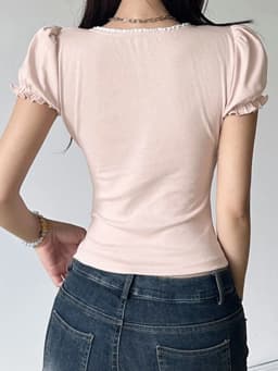 Sweet Button-up Top Women's Summer Cute Slim-fitting Contrast Lace Stitching Bow Square Collar T-shirts Y2K Korean Tees