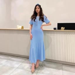 STYLISH LADY Denim Patchwork Knitted Dress 2025 Autumn Women Short Sleeve O Neck Button Bodycon Elegant OL Party Maxi Dresses