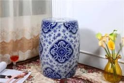 White Porcelain and Drawn Blue Shoe Hand Changing Stool Ceramic Drum Bathroom Neoclassical Imitation Sitting Stool Low Round