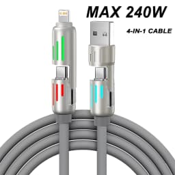 4-in-1 240W USB Type C Silicone Fast Charging Cable, For iPhone Huawei Samsung Xiaomi Durable Type-C To USB A Cable