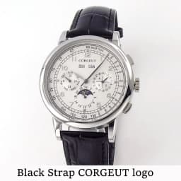 Corgeut 42mm Automatic Men's Watch Date Day Month Year Salmon Dial Multifunction 316L Leather Strap Polished Case Day Night