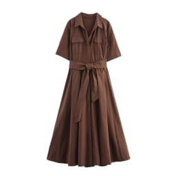HH Women Summer Lapel Short Sleeve Pocket Single-Breasted Belt Decorate Midi Dress Female Fashion Shirt Style Pleated Dress