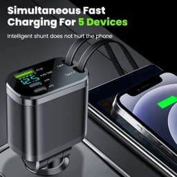 5 in 1 150W Car Charger Voltage Display PD30W Super Fast Charging 22.5W With Retractable Cable For IPhone Xiaomi Samsung