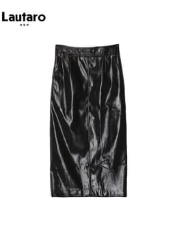 Lautaro Spring Autumn Shiny Reflective Patent Pu Leather Midi Pencil Skirt Women High Waist Long Luxury Designer Clothes 2023