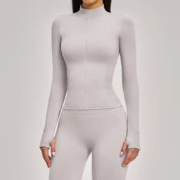 Women's Seamless Long Sleeve Yoga Top Ribbed High Neck Full Zip Slim Fit Sports Jacket Thumb Hole Workout Gym Running Activewear