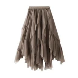 Women's Lotus Leaf Edge A Line Fairy Elastic Waist Tulle Skirt Midi High Waist Mesh Dress Solid Color Irregular Yarn Skirt D8808