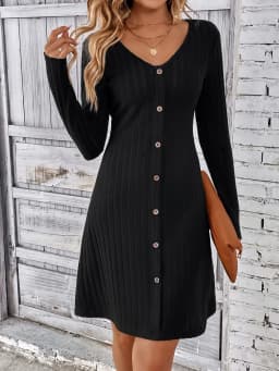Fashion Solid Ribbed Knitted Mini Dress Women Button Long Sleeve A Line Dresses 2023 Autumn Lady Streetwear Robe