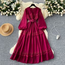 French Vintage O Neck Hollow Out Lace Patchwork Long Lantern Sleeves Korean Fashion Dresses Women's Autumn Waist Sweet Clothing
