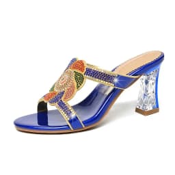 Summer New Comfort Non-slip High Heel Genuine Leather Crystal Inlaid Diamond Women's Beach Fashion Versatile Bohemian Shoes